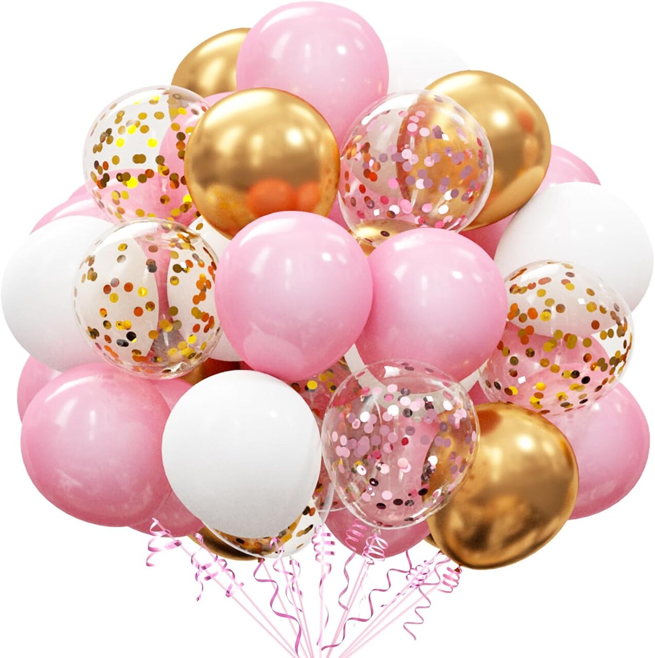 60Pcs Pink Gold Confetti Latex Balloons Kit – 12” Pink, White, Gold Helium Balloons for Weddings, Baby Showers, Birthdays, Proposals & Party Decorations (Pink White Gold)